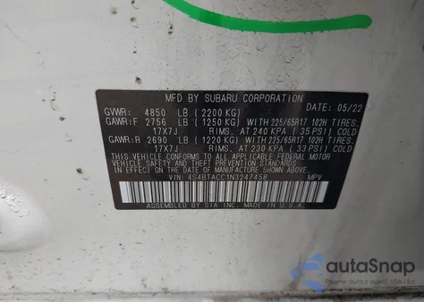 2022 Subaru Outback Premium z USA, uszkodzony, nr VIN 4S4BTACC1N3247458